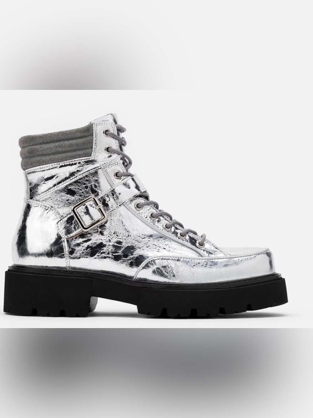Women's Metallic Chrome Silver Lug Sole Lace-Up Boot with Buckle